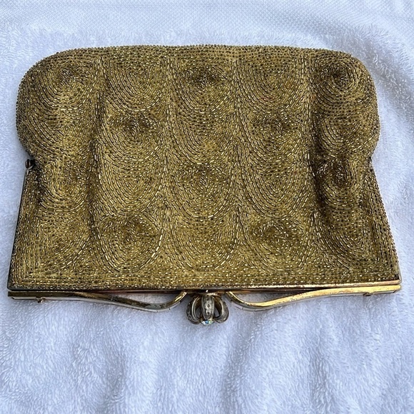 Walborg Vintage Hand Beaded Micobead Seed Gold Beads Snap Clutch Bag - Picture 1 of 14